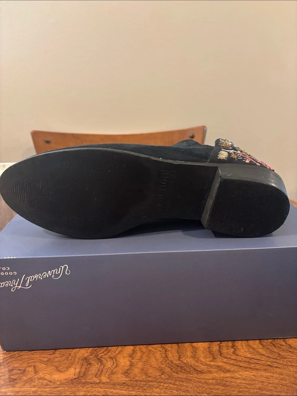 Reaction Kenneth Cole Black Suede Ankle Booties with Embroidered Floral Heel